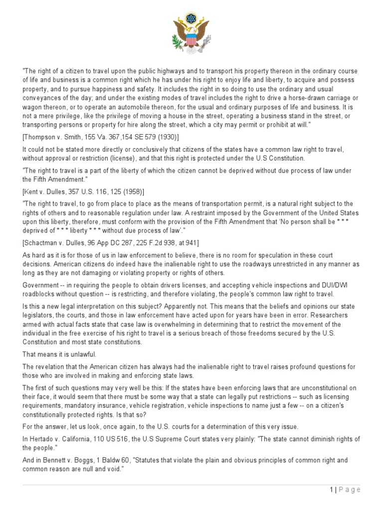 5th Amendment Case Law Right To Travel PDF Freedom Of Movement