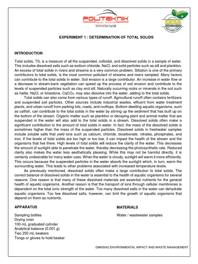 Total Solids Determination in Water | PDF | Soil | Surface Runoff