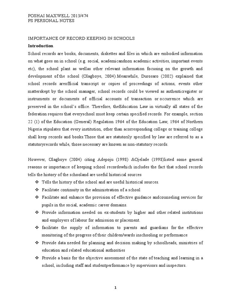 Importance of Record Keeping in Schools PDF Records Management Social Institutions
