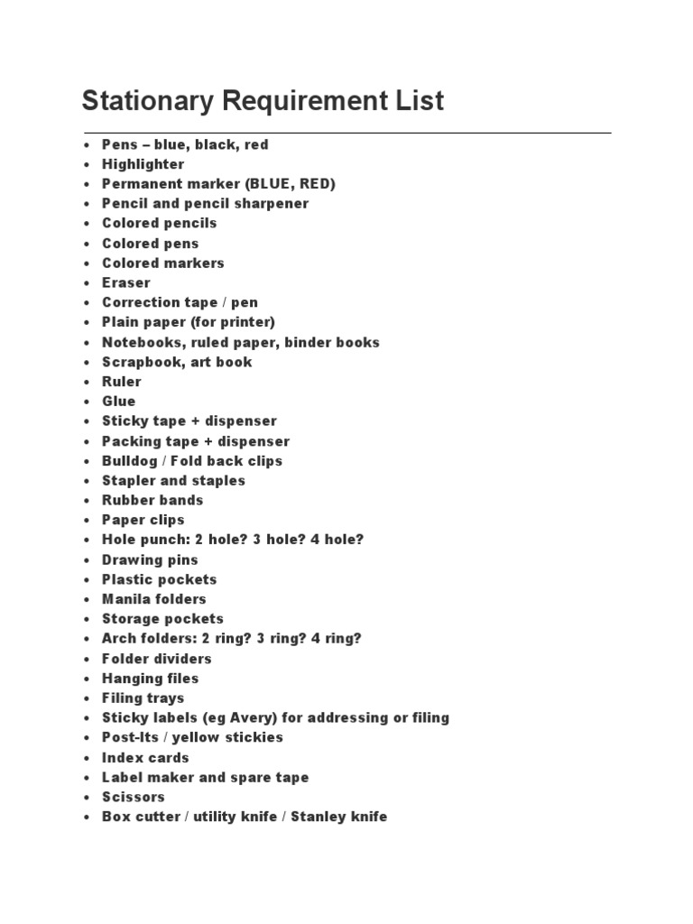 Stationary Requirement List SITE