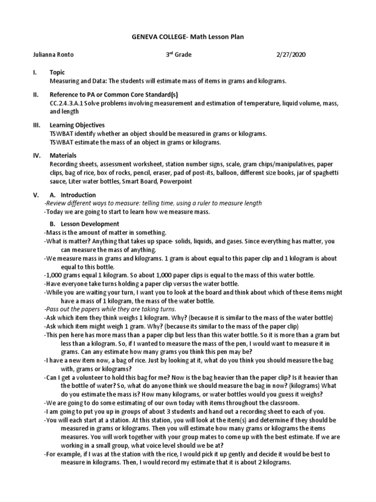 GENEVA COLLEGE-Math Lesson Plan | PDF | Differentiated Instruction ...