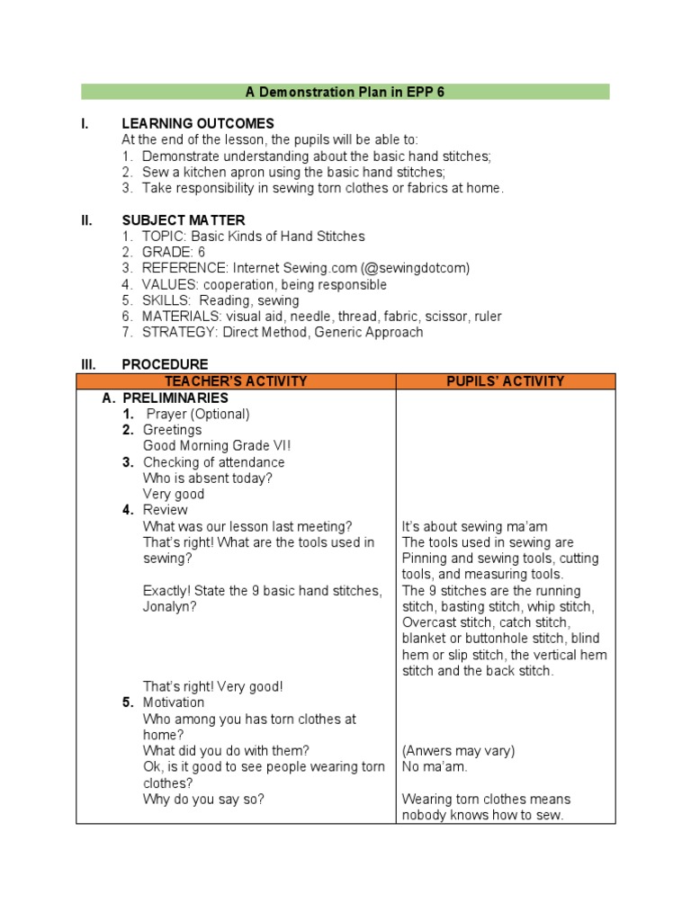 A Demonstration Plan in EPP 6 I. Learning Outcomes | PDF | Sewing | Yarn