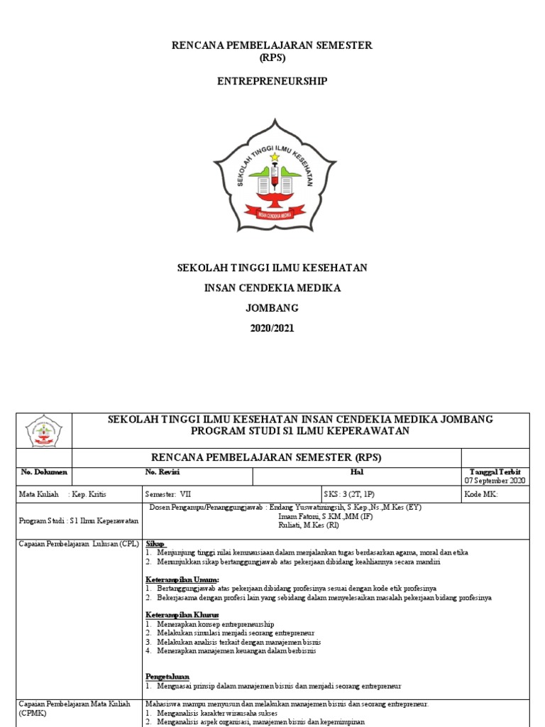 RPS Entrepreneurship S1 Keperawatan | PDF | Bisnis