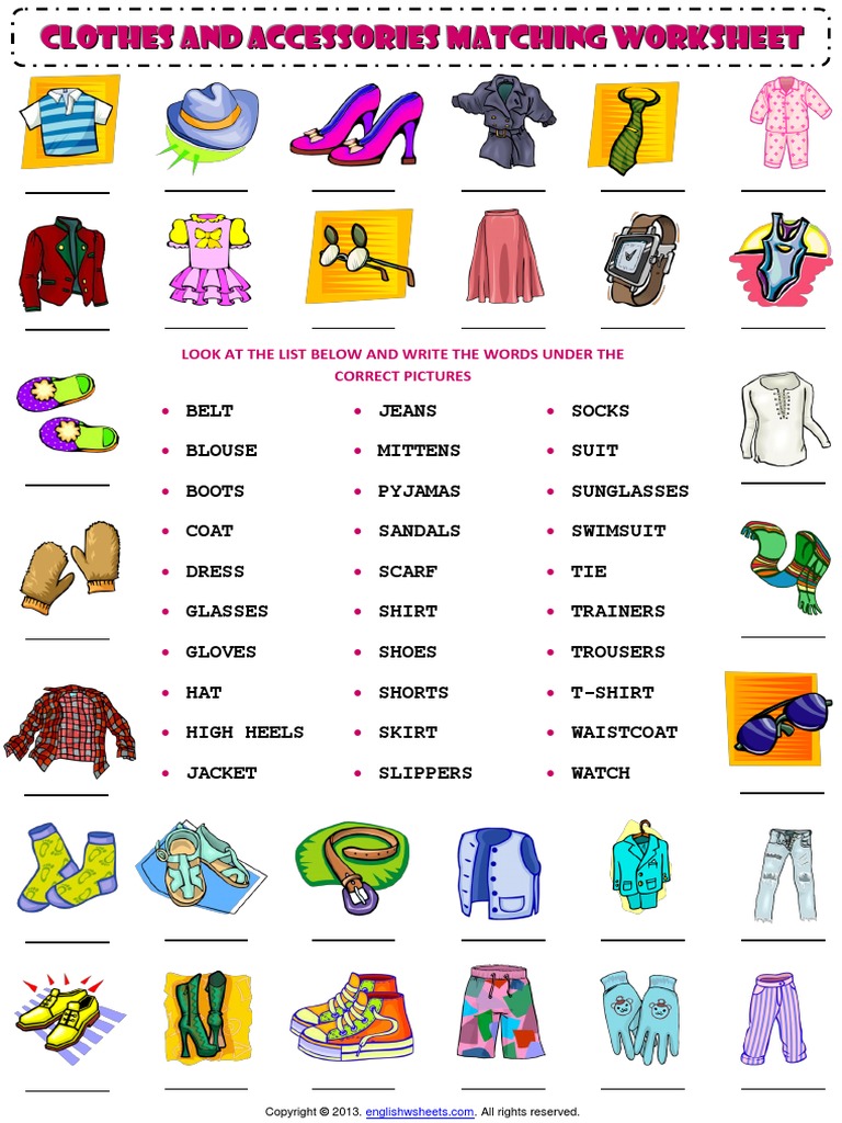 Clothes and Accessories Vocabulary Matching Exercise Worksheet | PDF | Human Appearance | Fashion
