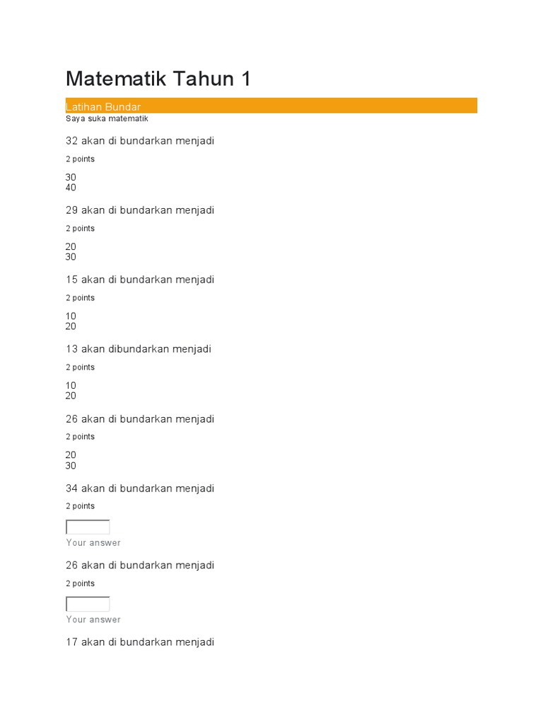 Latihan Bundar Matematik Tahun 1  PDF