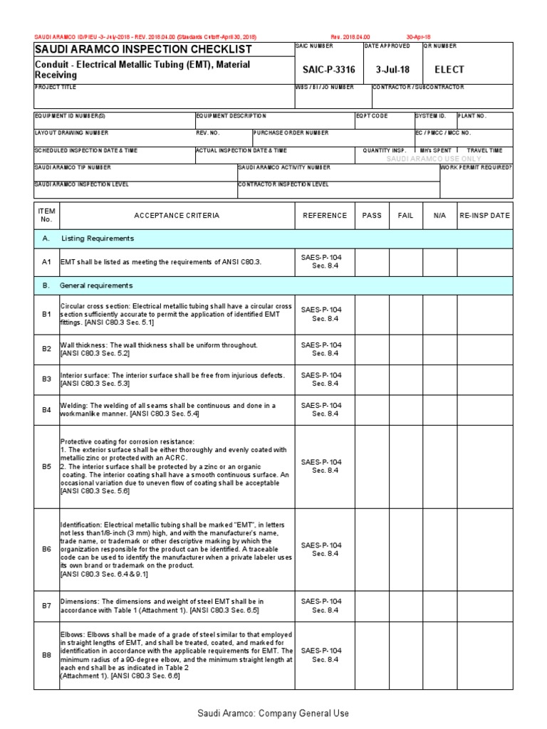 Saudi Aramco Inspection Checklist | PDF | Pipe (Fluid Conveyance ...