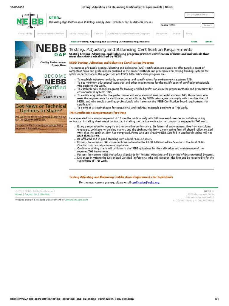 Testing, Adjusting and Balancing Certification Requirements NEBB