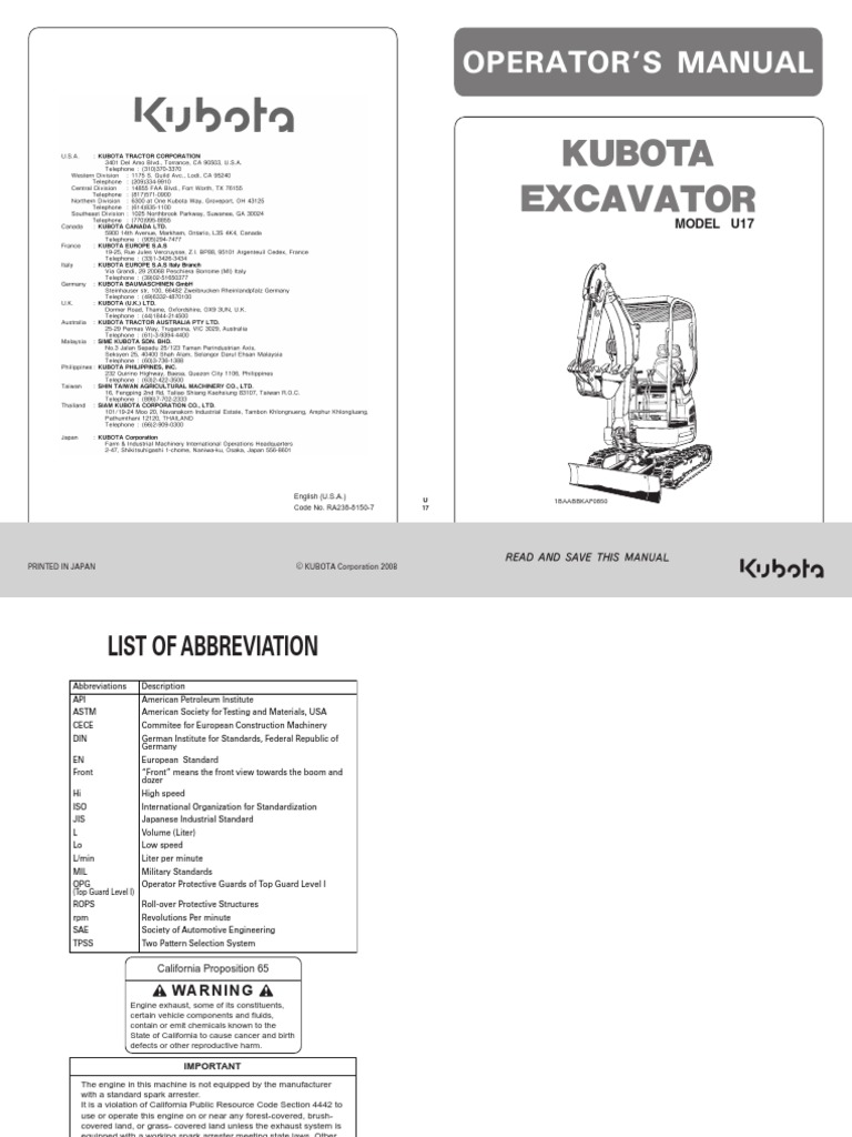 Kubota U17 Excavator Operators Manual | PDF | Machines