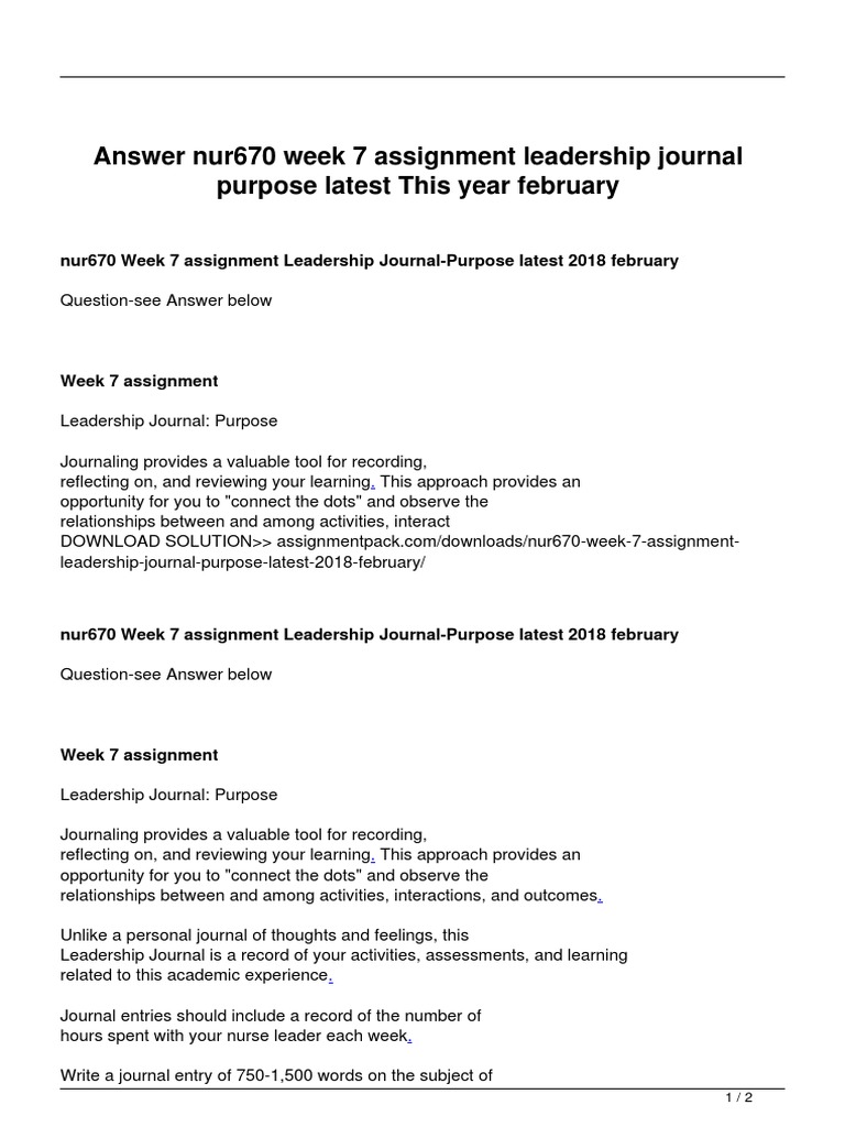 Nur670 Week 7 Assignment Leadership Journal Purpose Latest 2020 ...