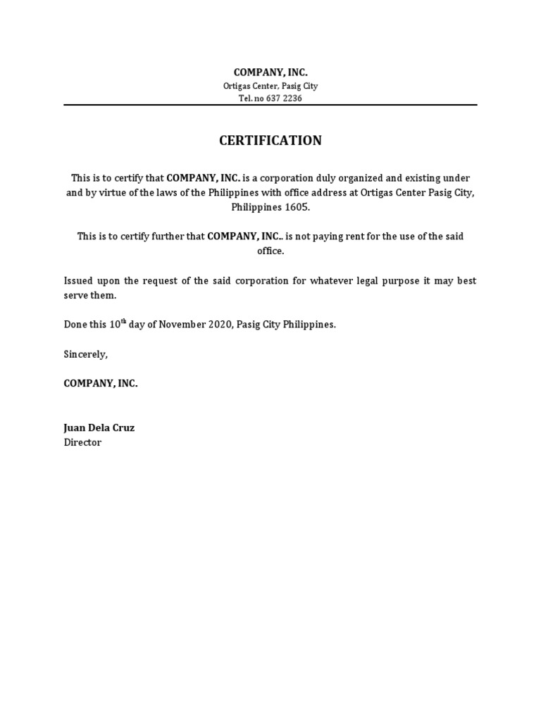 Certification of Company, Inc. Status | PDF | Business