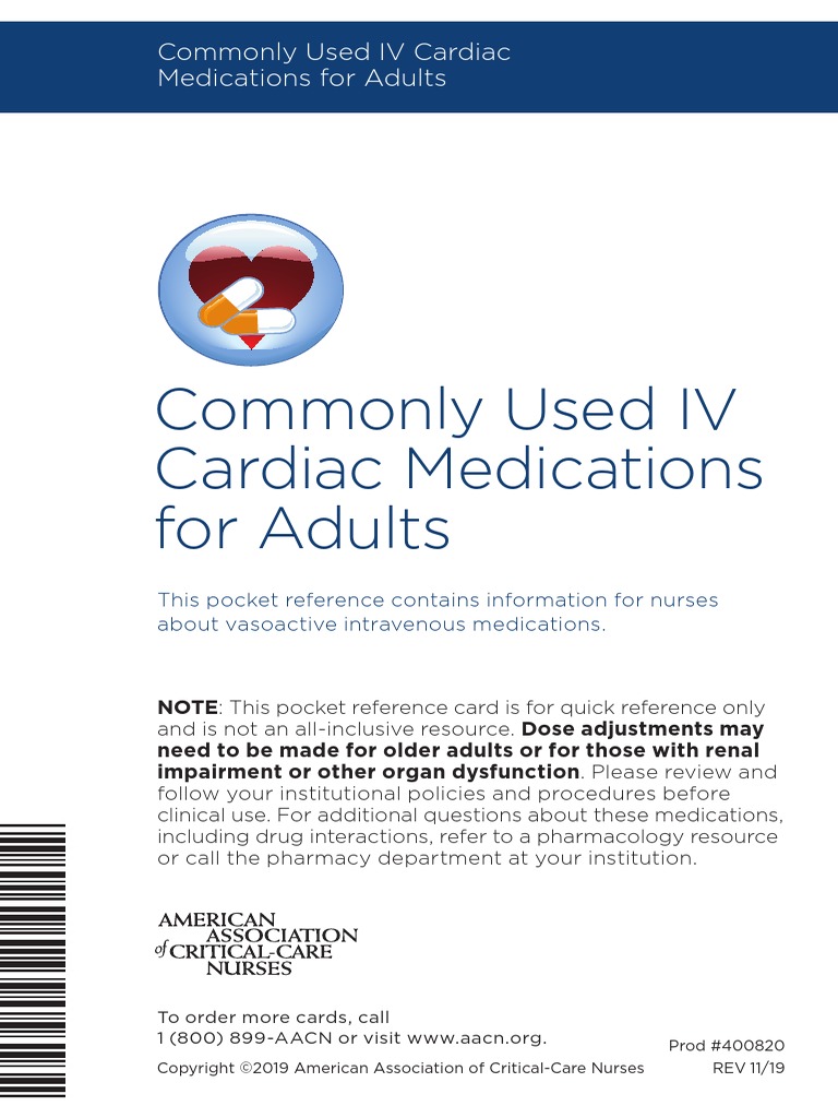 Commonly Used IV Cardiac Medications For Adults Pocket Reference Card