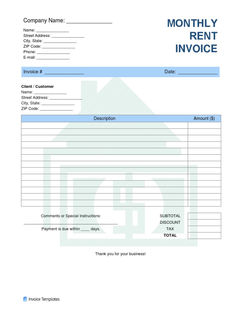 Monthly Rent Invoice Template | PDF
