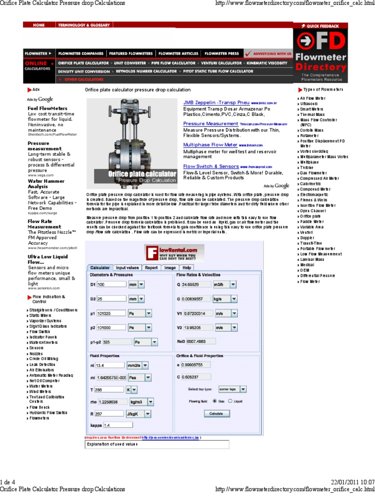 Orifice Plate Calculator Pressure drop Calculations Flow Measurement