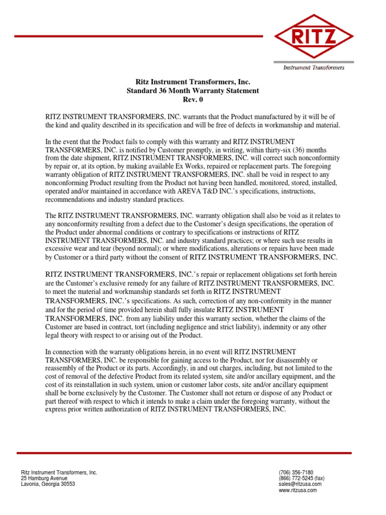 Ritz Instrument Transformers, Inc. Standard 36 Month Warranty Statement ...
