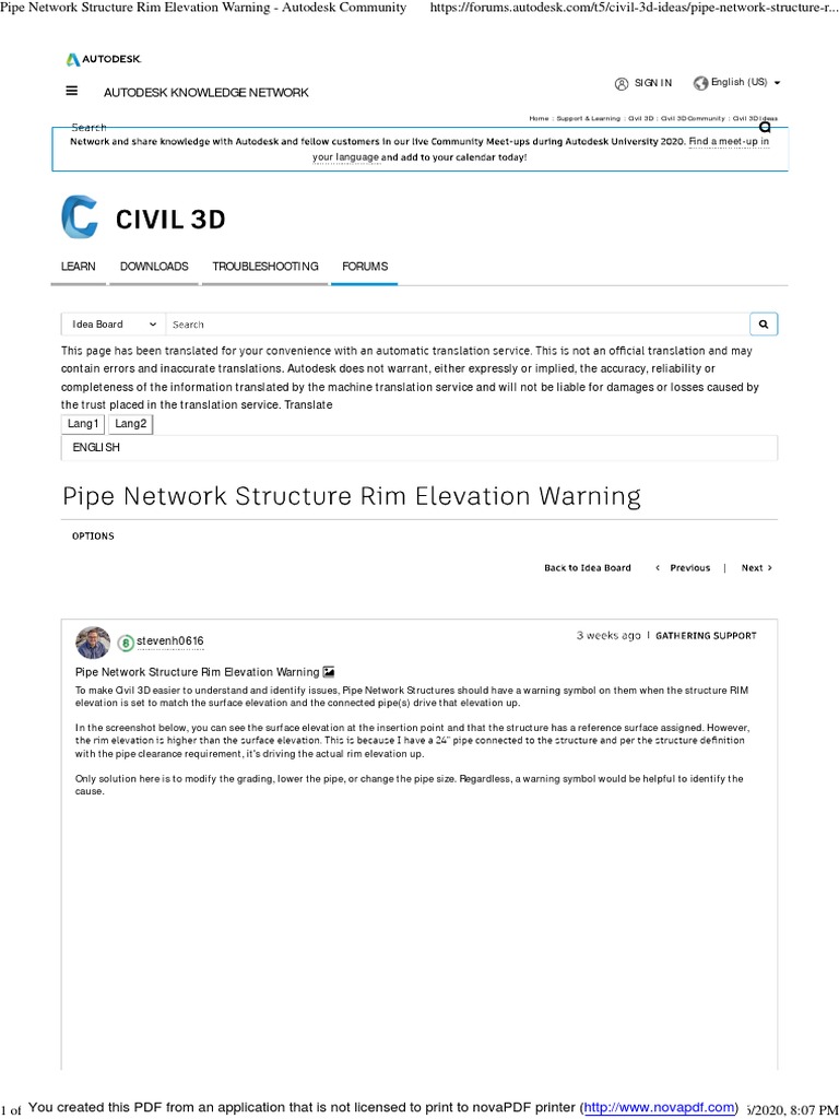 Pipe Network Structure Rim Elevation Warning - Autodesk Community | PDF |  Autodesk | Internet Forum