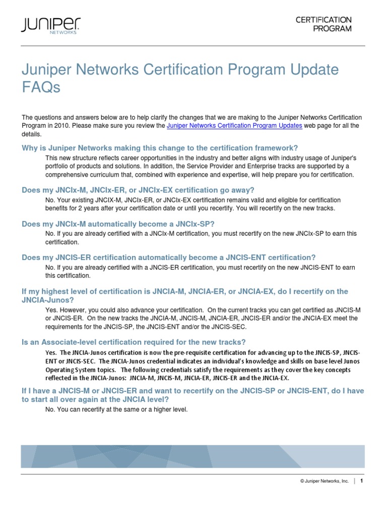 Juniper Networks Certification Program Updates FAQs PDF Juniper Networks Trademark