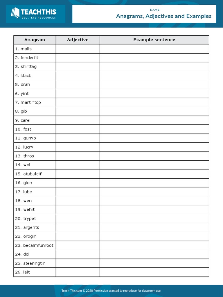 Anagrams Adjectives and Examples Interactive Worksheet PDF | PDF