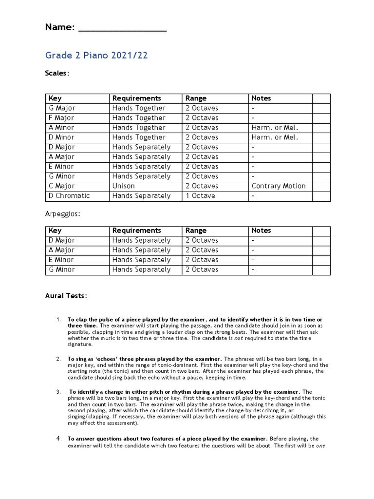 Grade 2 Piano 2021/22: Name | Download Free PDF | Scale (Music ...