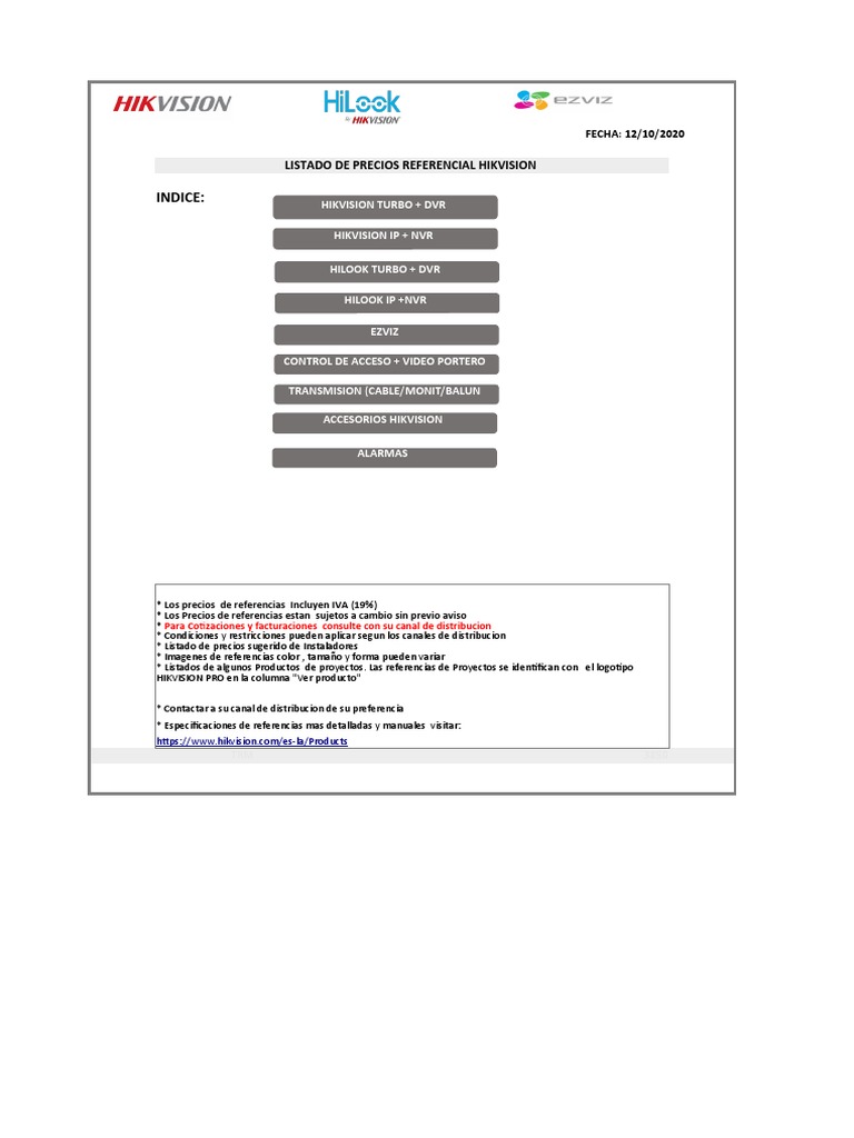 Listado Precios Sugeridos Hikvision Oficial Octubre 1210 Instaladores Medios De Almacenamiento Hdmi