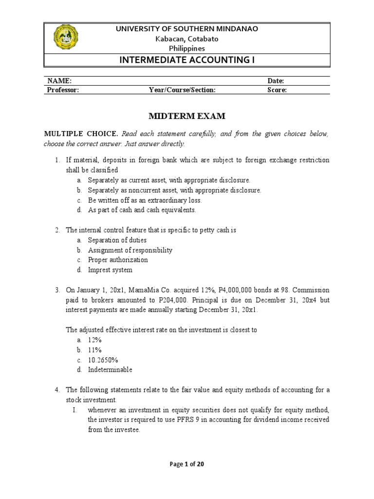 Intermediate Accounting I Midterm Exam | PDF | Historical Cost | Investing