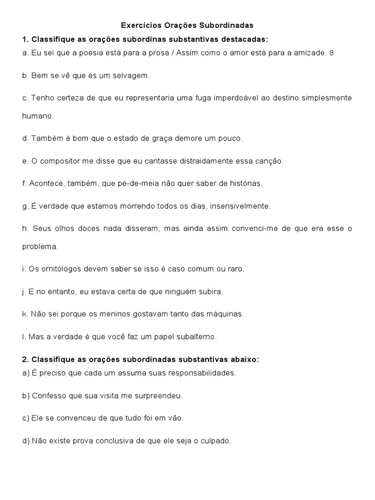 Exercícios Orações Subordinadas Substantivas | PDF | Artes Linguísticas ...