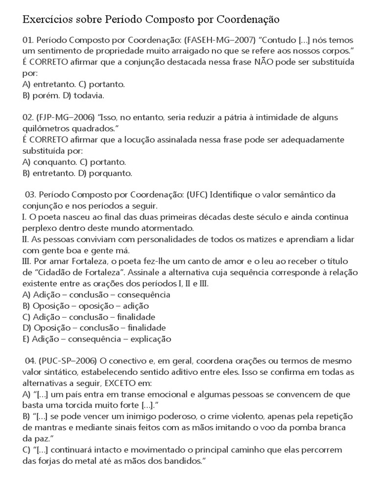 Período Composto por Coordenação: Gabarito com respostas de exercícios ...