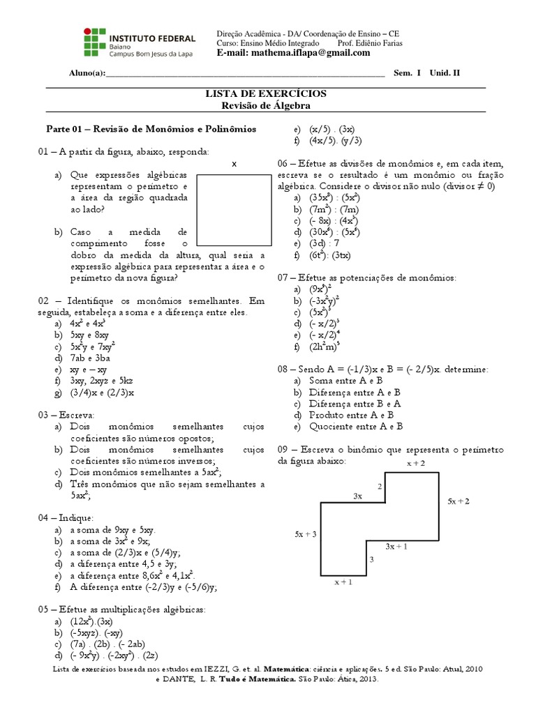 Exercícios sobre Polinômios e Monômios | PDF | Números | Ensino de ...