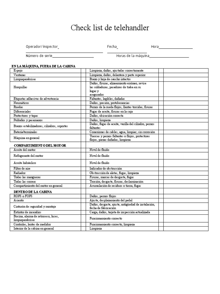 Check List de Telehandler | PDF | Vehículos terrestres | Vehículo de motor