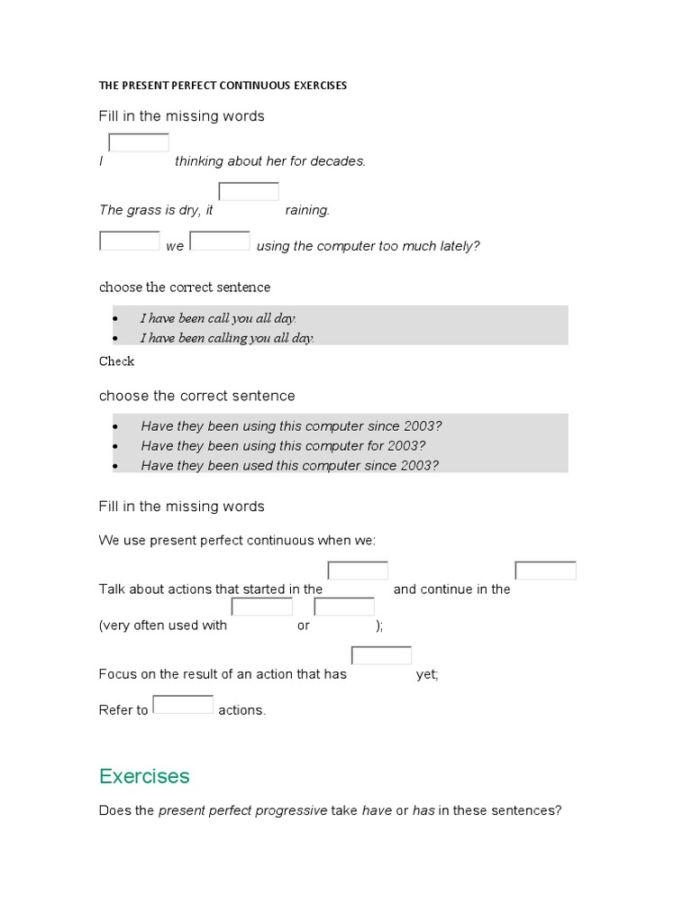 Present Perfect Continuous Practice | PDF | Grammar | Language Mechanics