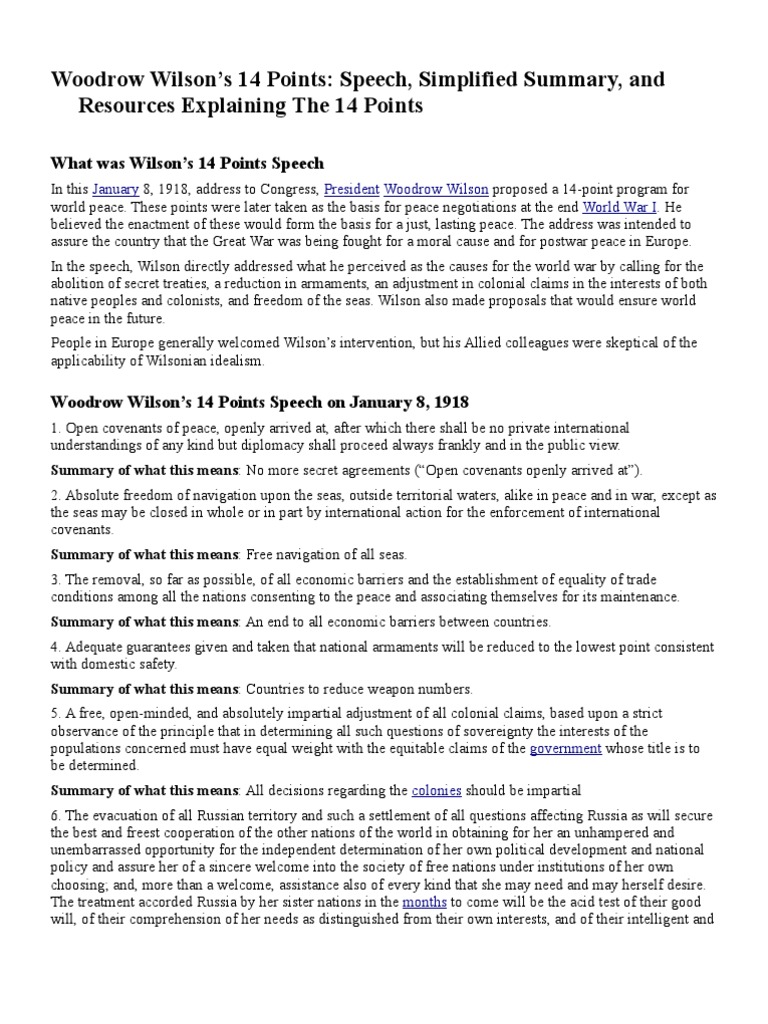Wilsons 14 Points Woodrow Wilson Peace