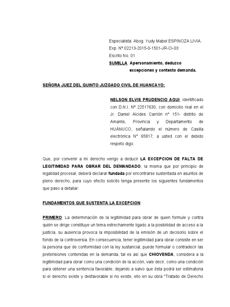 Excepcion y Contestacion de La Demanda | PDF | Ley procesal | Demanda ...