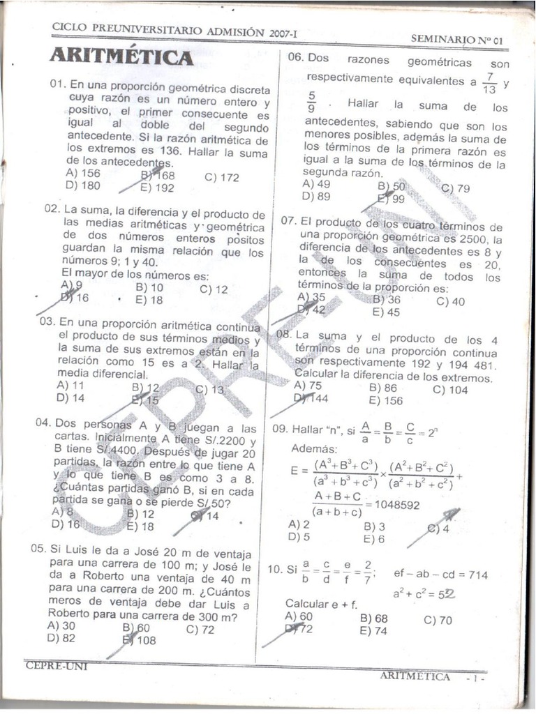 El Doble De La Diferencia De Dos Números CepreUniBoltín1-Aritmética Foto | PDF