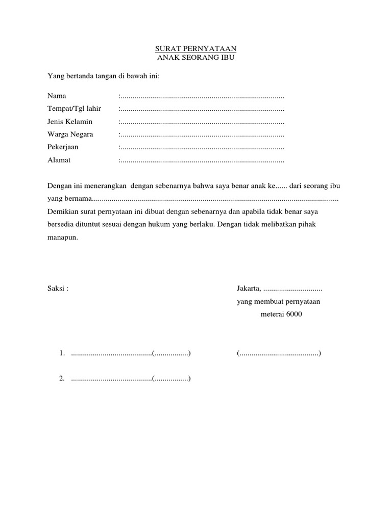 Surat Pernyataan Anak Seorang Ibu PDF | PDF