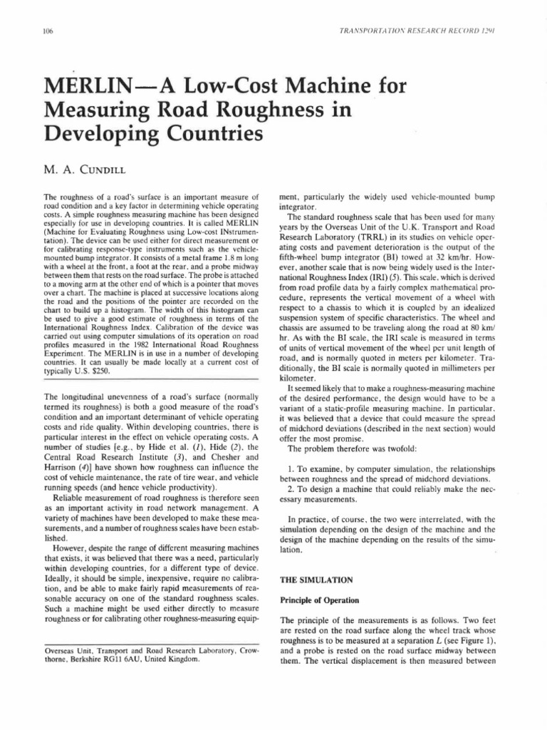 MERLIN: Low-Cost Road Roughness Tool | PDF | Surface Roughness | Science