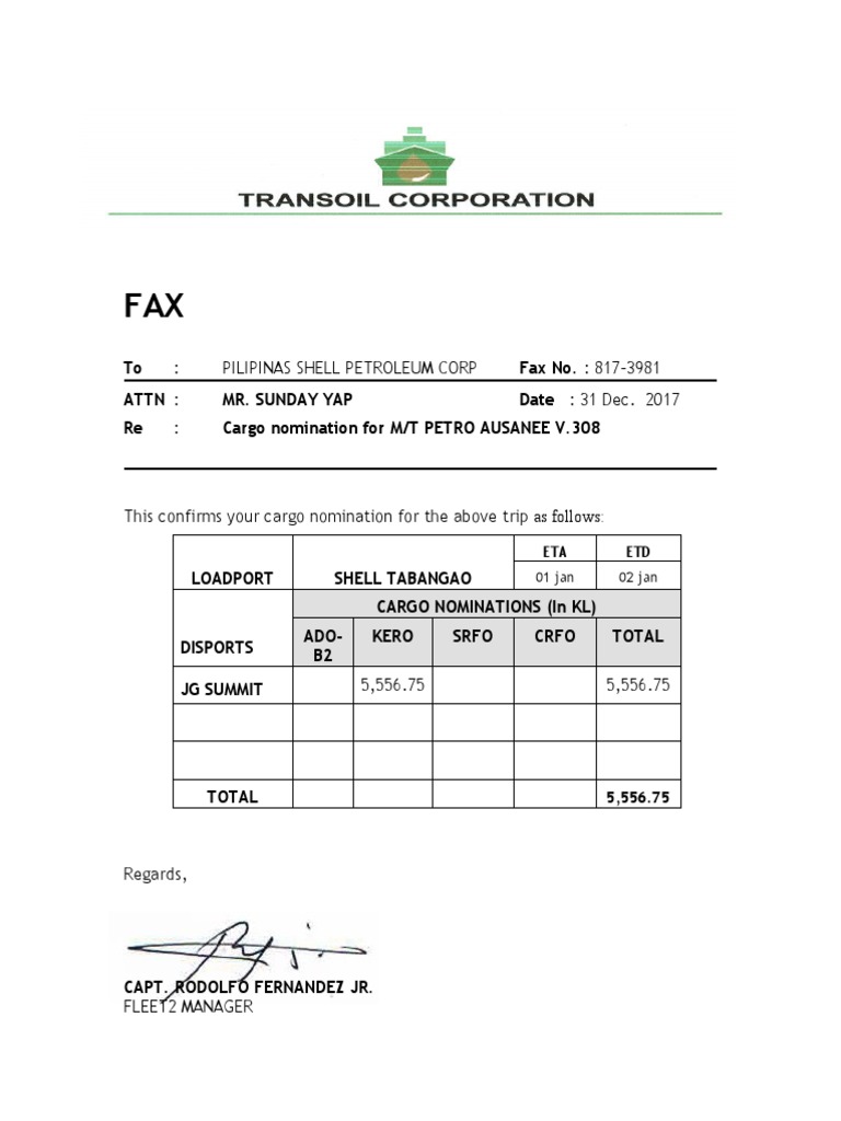 To Fax No. 8173981 Attn Mr. Sunday Yap Date 31 Dec. 2017 Re Cargo