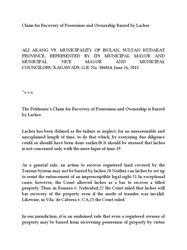 Claim For Recovery of Possession and Ownership Barred by Laches PDF
