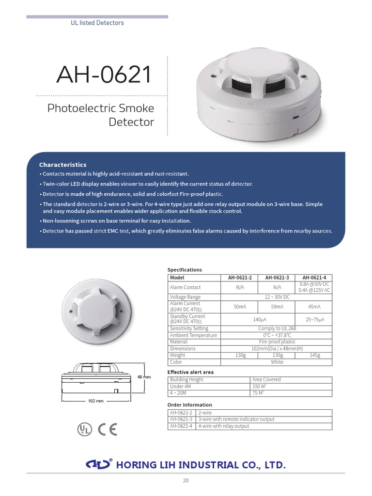 Specification Sheet for the AH0621 Photoelectric Smoke Detector PDF