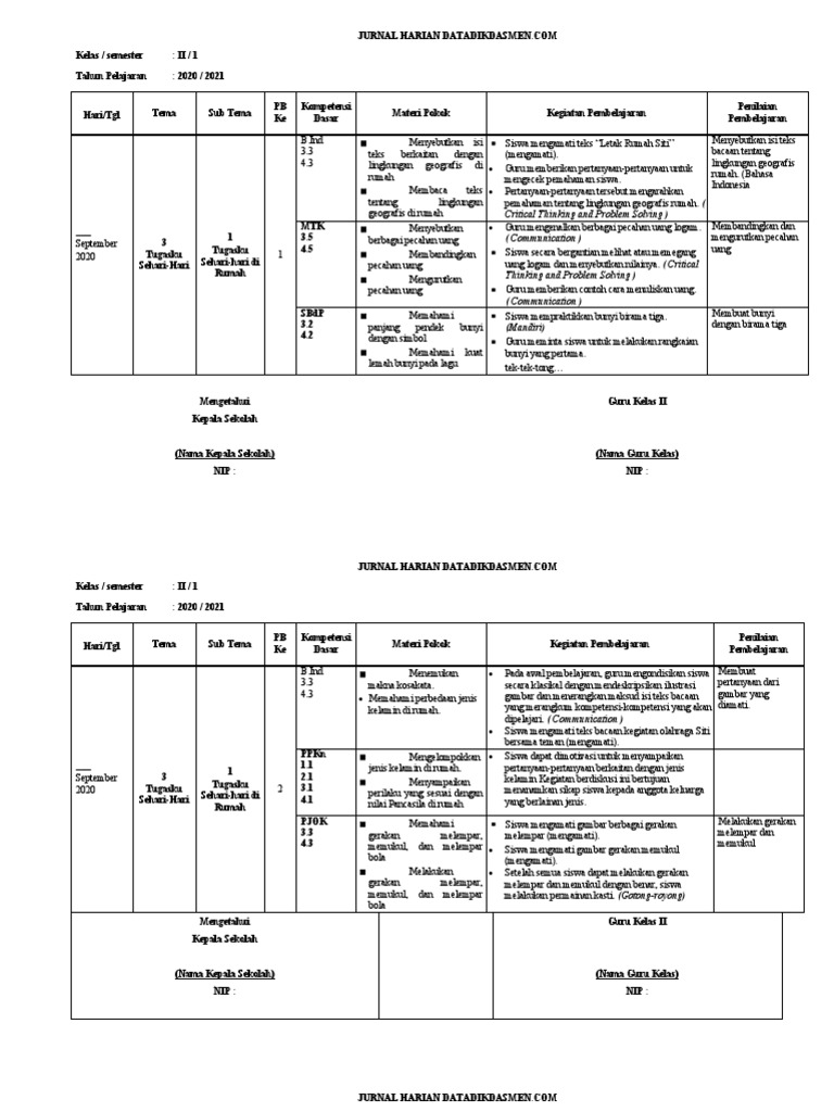 Jurnal Harian Kelas II Semester 1 | PDF
