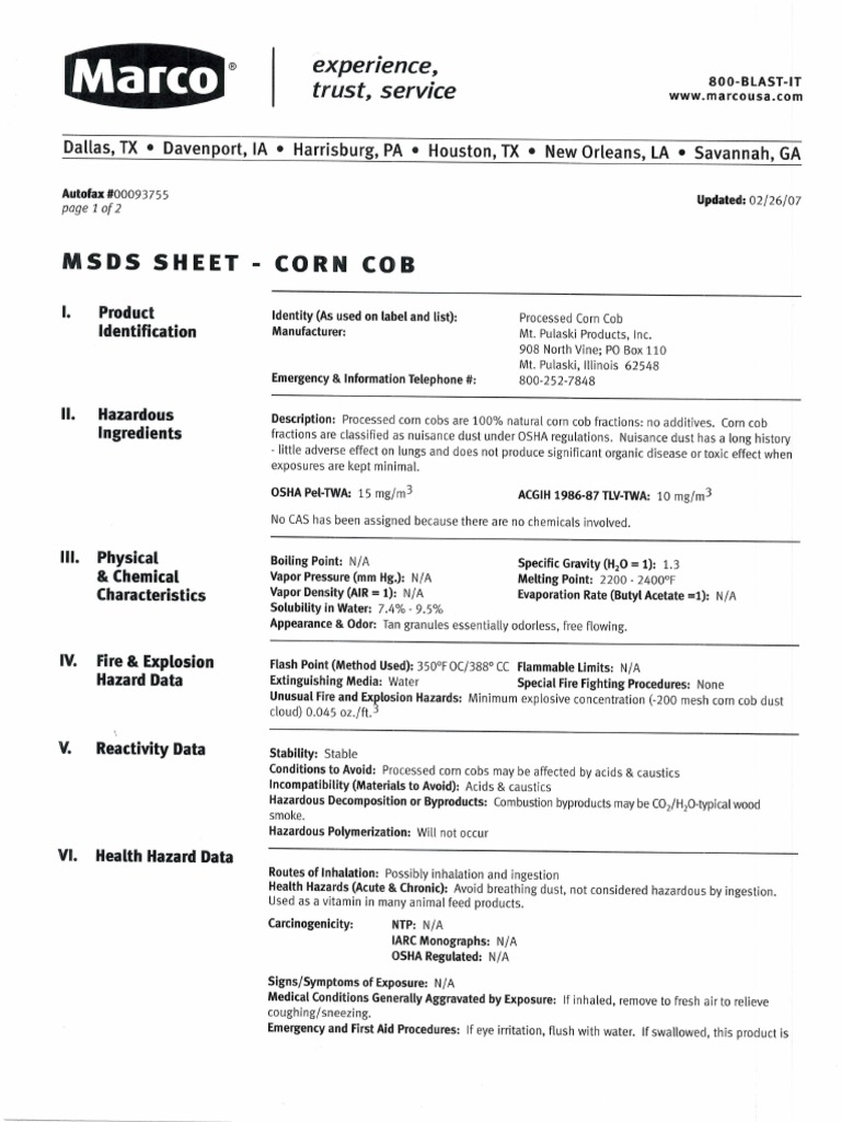 MSDS Corn Cob PDF Prevention Chemistry