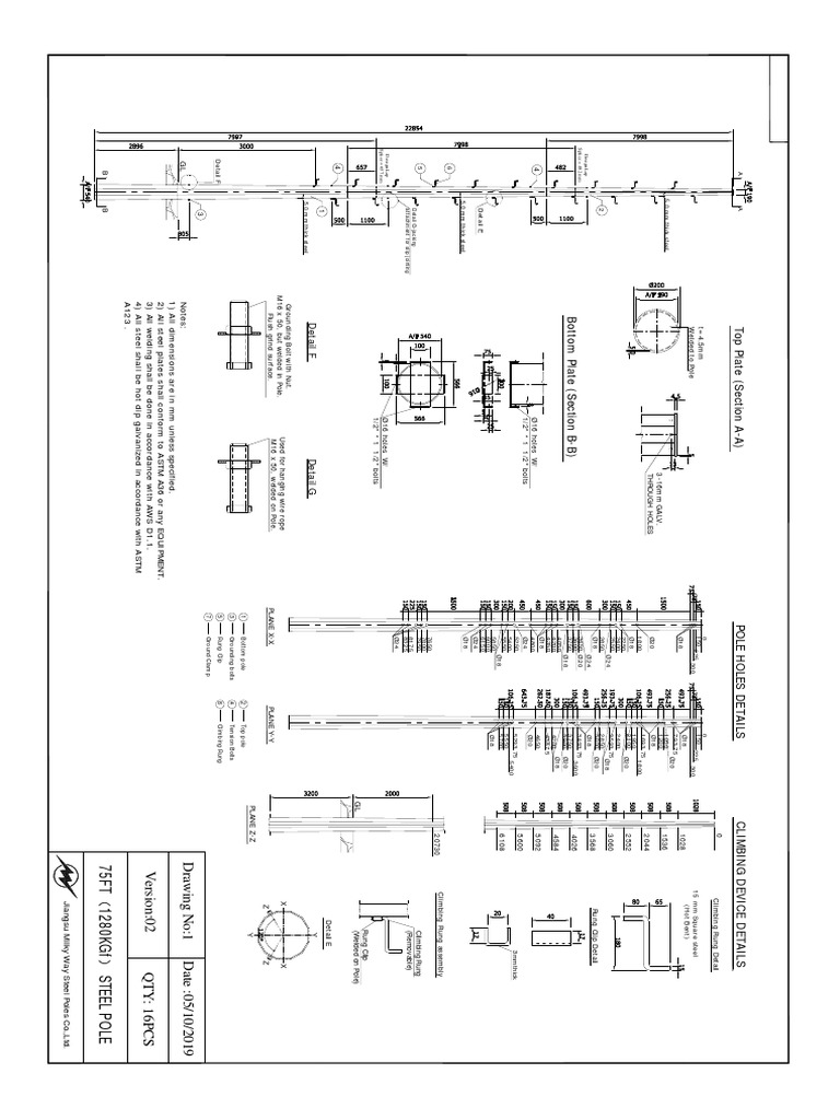 Technical Drawing of a Utility Pole with Details of Climbing Devices ...