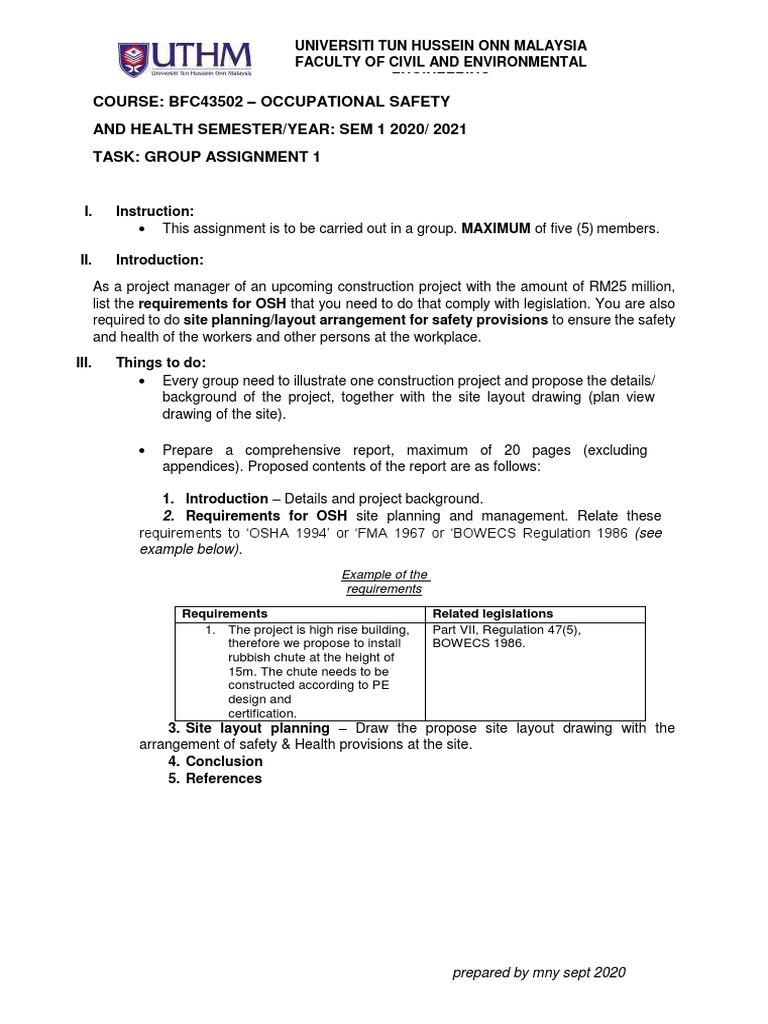 COURSE: BFC43502 - Occupational Safety and Health Semester/Year: Sem 1 ...