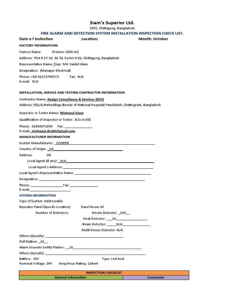 Fire Alarm Installation Inspection Checklist | PDF | Fire Sprinkler ...