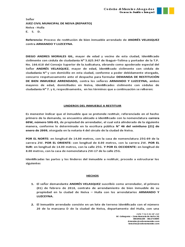 Modelo Demanda Restitucion Inmueble y Pretensiones de Responsabilidad ...