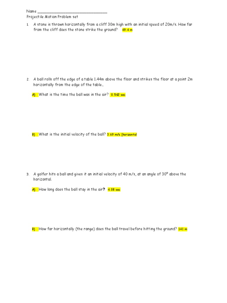 Projectile Motion Practice Worksheet PDF