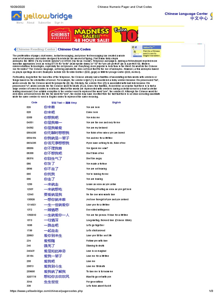 Chinese Numeric Pager and Chat Codes | PDF | Acronym | Semiotics