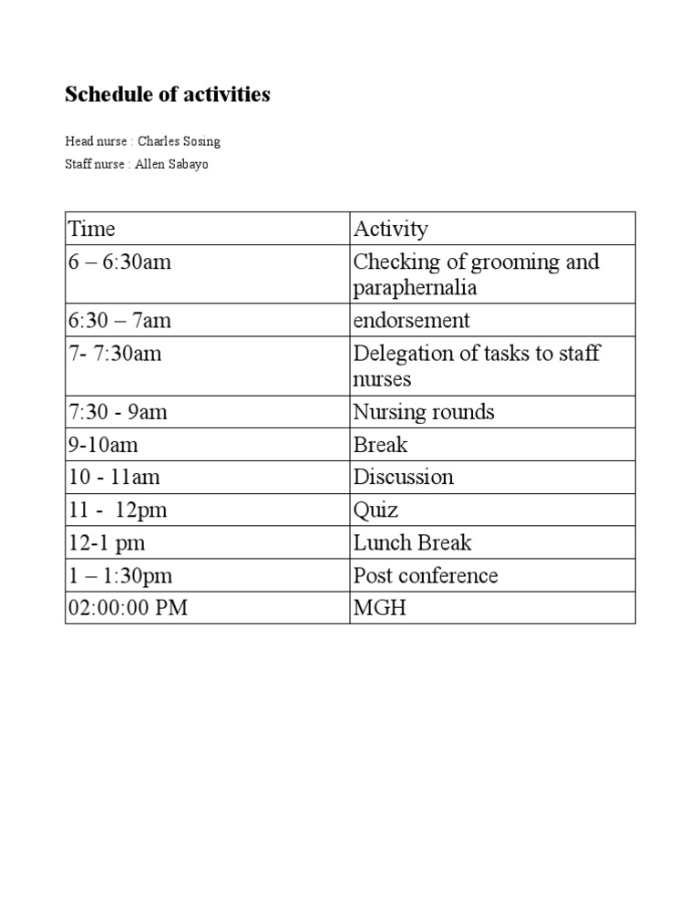 Daily Nursing Schedule and Activities | PDF