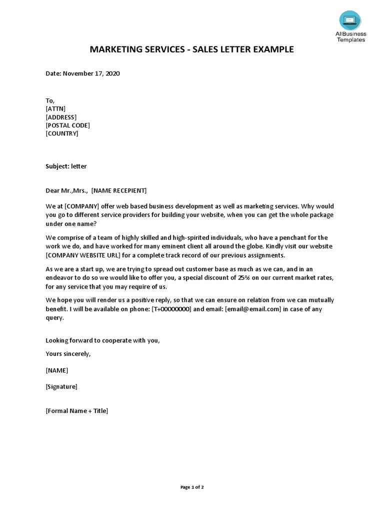 Marketing Services - Sales Letter Example | PDF