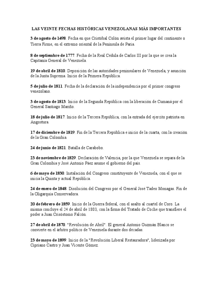 20 Fechas Clave en la Historia de Venezuela | PDF | Venezuela | Gobierno