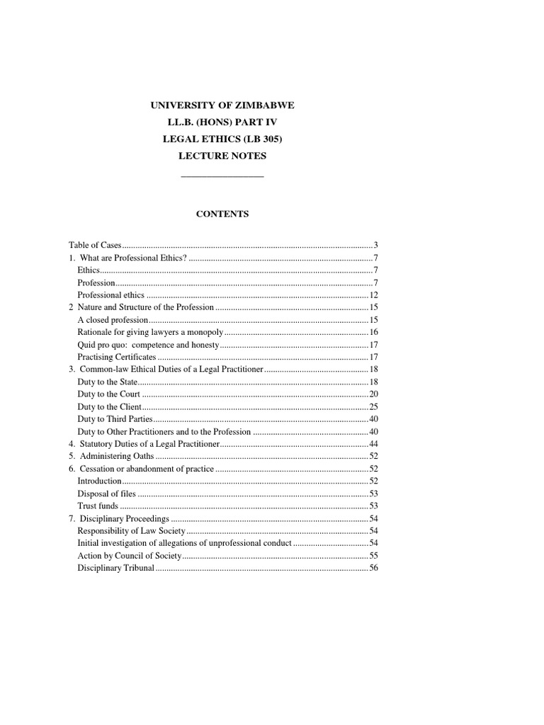 University of Zimbabwe Ll.B. (Hons) Part Iv Legal Ethics (LB 305