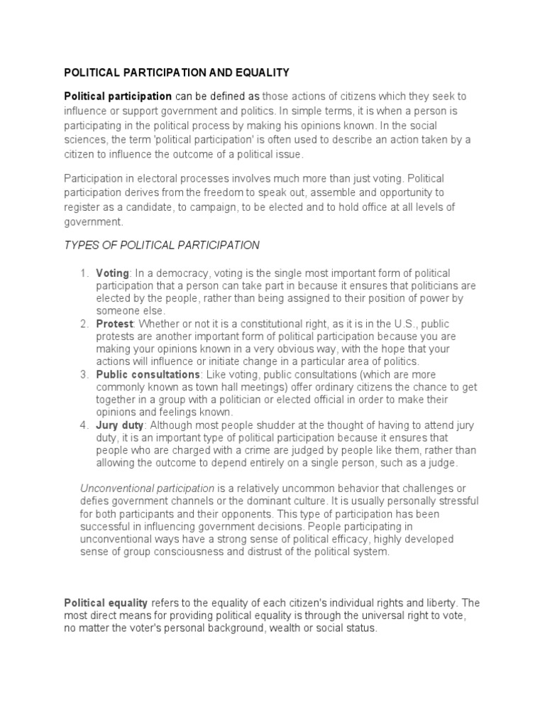 Political Participation and Equality Political Participation Can Be ...